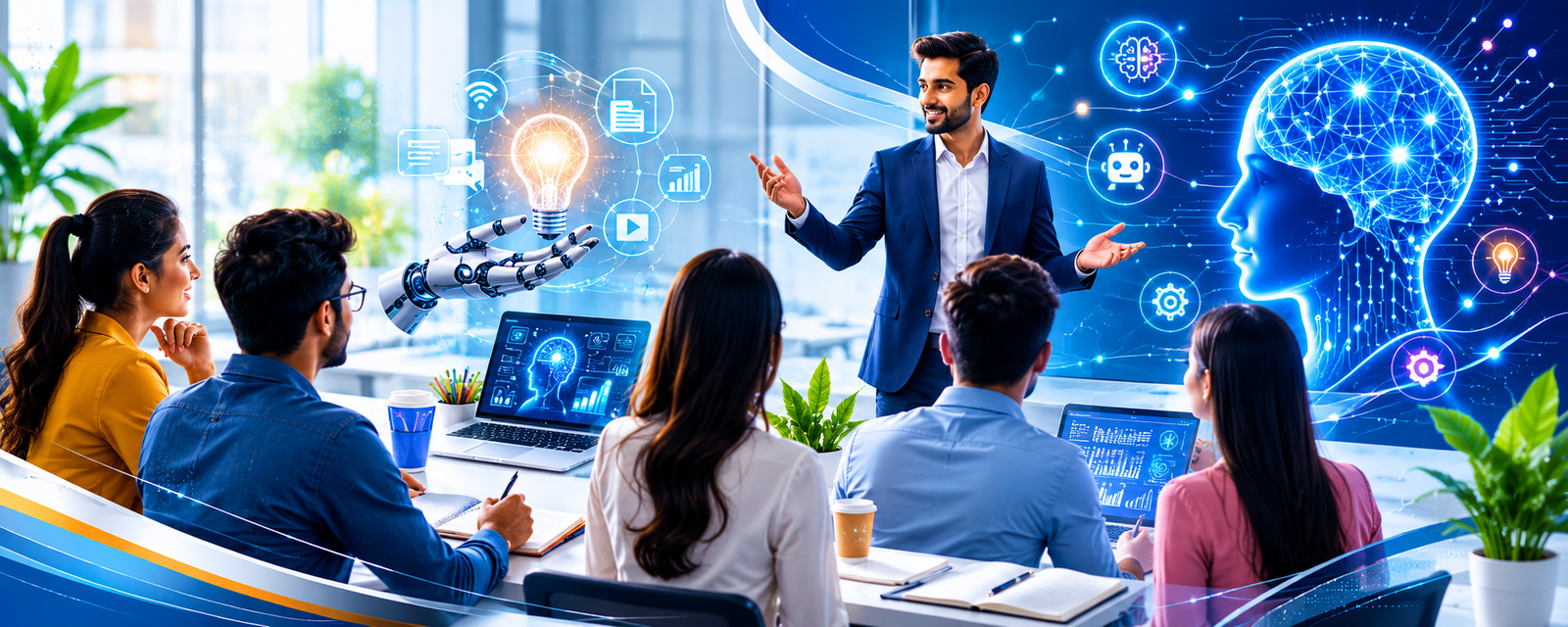 AI workshop session with trainer and participants learning practical artificial intelligence tools for education, business productivity, digital marketing and professional development